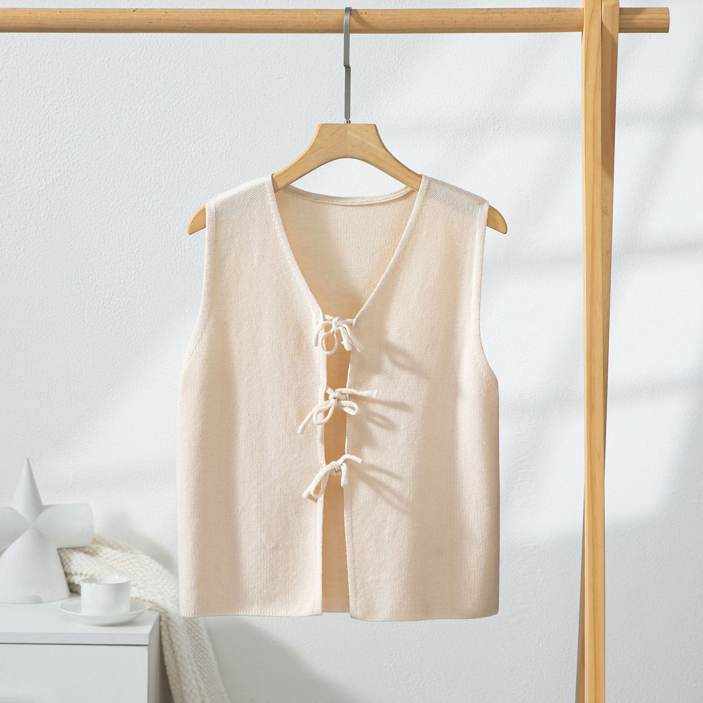 Casual Lace Up Bow Knitted Sleeveless Waistcoat Vest