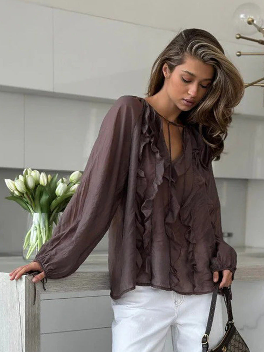 Lotus Leaf Edge Tied Lantern Sleeve Semi Transparent Thin Shirt