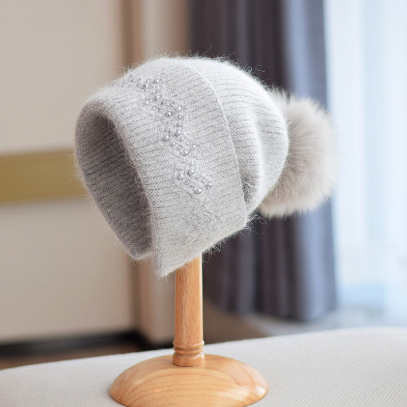 Fox Fur Ball Knitted Hat Children
