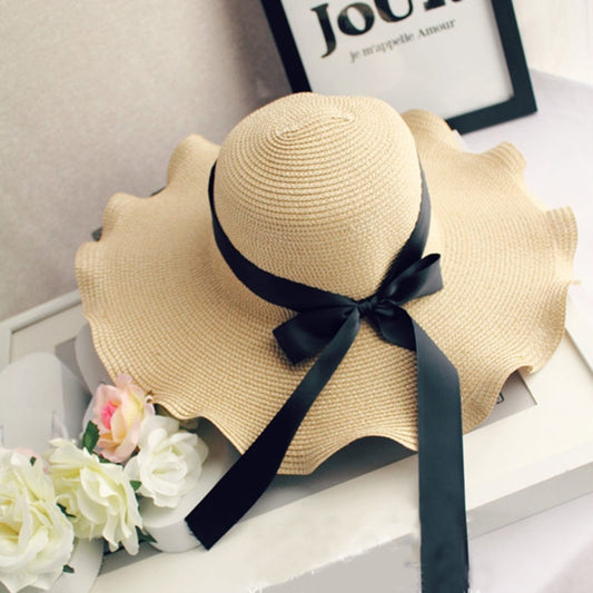 Bow Wavy Brim Hat Seaside Beach Ladies Foldable