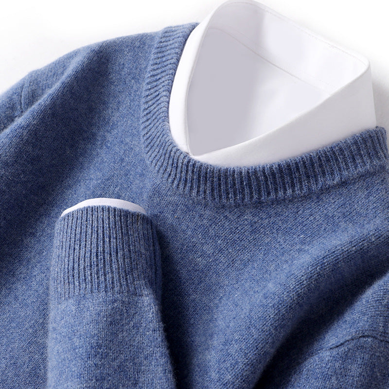 Mænds tykke pullover fåreuldssweater løs rundhals ensfarvet sweater