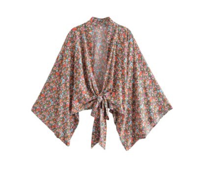 Printed V-neck Batwing Sleeve Blouse