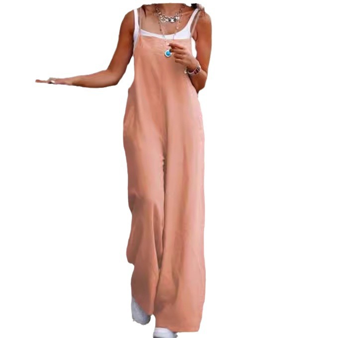 Fashion Casual Women's Pocket Cotton Linen Sleeveless Jumpsuit