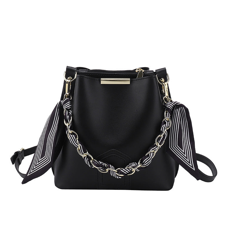 Leather Bucket Tote Bag with Chain Sling Handle