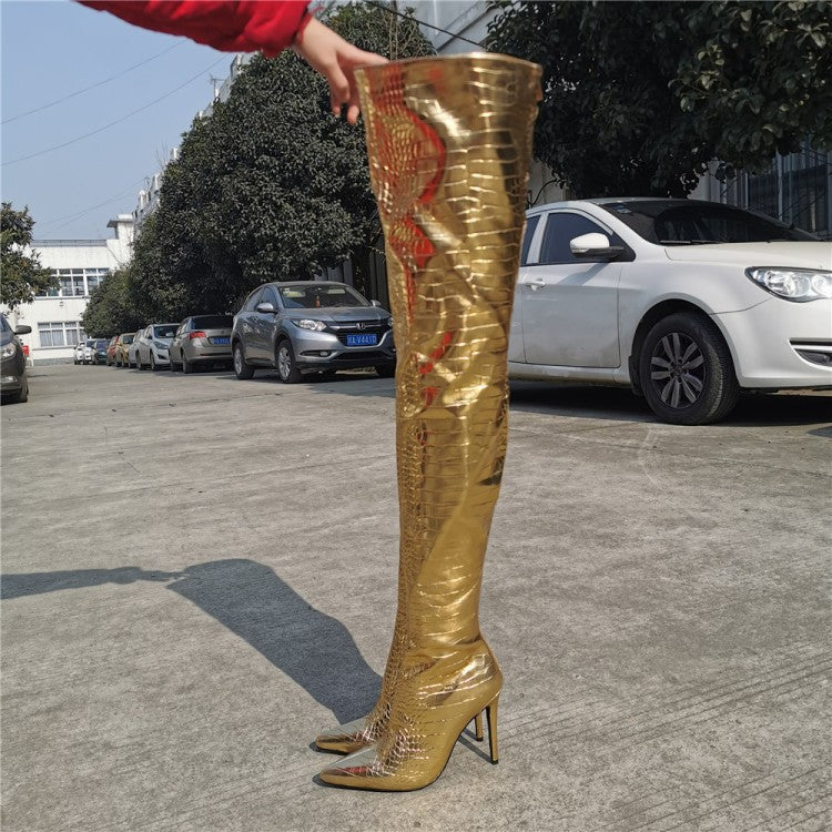 Fashion Gold Over The Knee Back Zipper High Heels