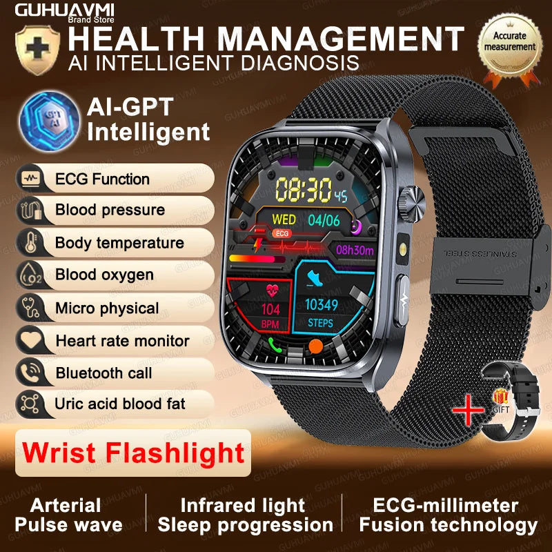 2025 New ECG+PPG AI Healthy Diagnose Smart Watch Men Blood Lipid Uric Acid BT Call Flashlight Blood Pressure Health Smartwatch