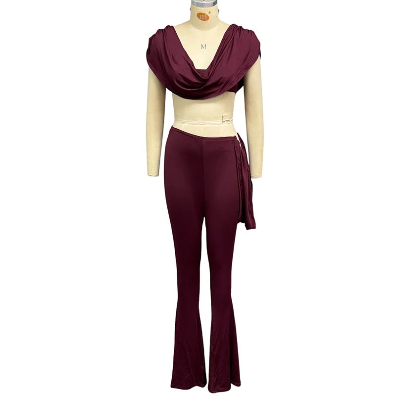 Womens Chic Pleated Irregular Wide-Leg Pants Two-Piece Set