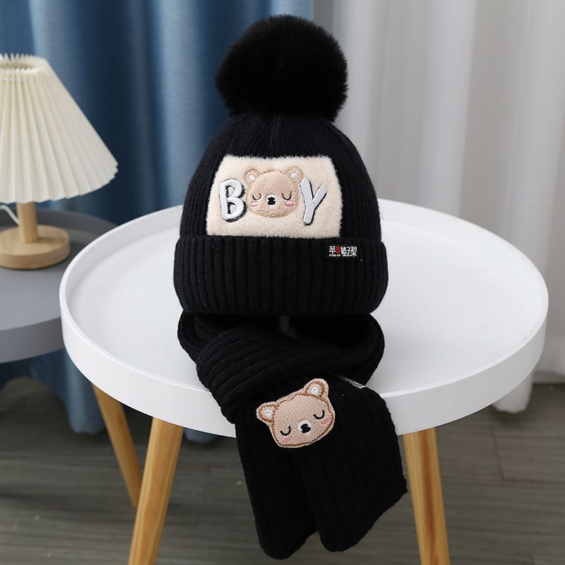 Children Hat Women's Knitted Keep Baby Warm Cartoon Bear Two-piece Set