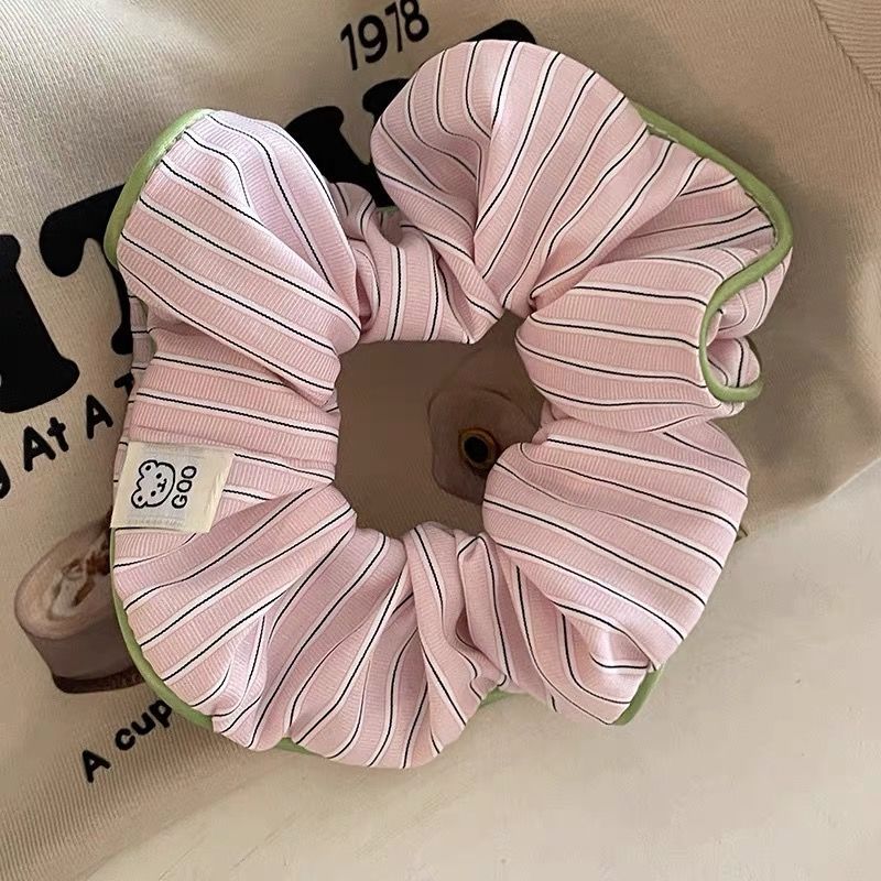 Cream-colored Contrast-striped Hair Accessory With A Sweet Little Bear Designa Chic Scrunchie