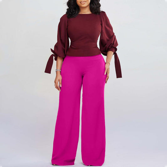 New Casual Set Loose Large Size Tie-up Top High Waist Wide Leg Pants Set
