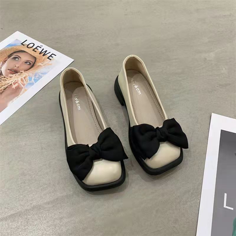 Chunky hælplateau-loafers, nye retro-pumps i laklæder med firkantet tå og sløjfe til kvinder, forår og sommer