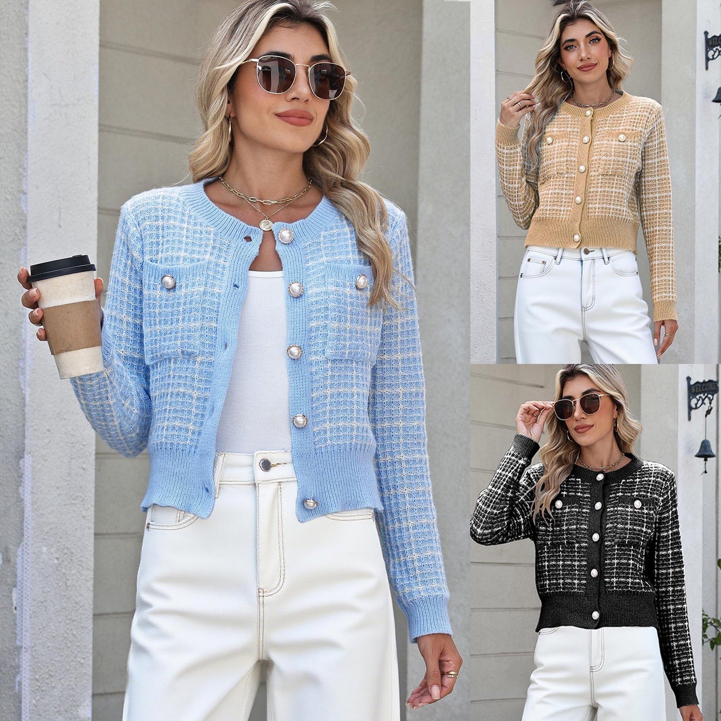 Female Classic Style Temperament Coat Pearl Buckle Fashion Sweater Female