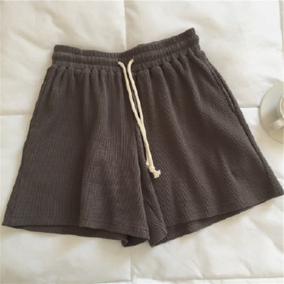 Waffle Fabric Cotton Shorts Women's High Waist A-line Wide-leg Hot Pants