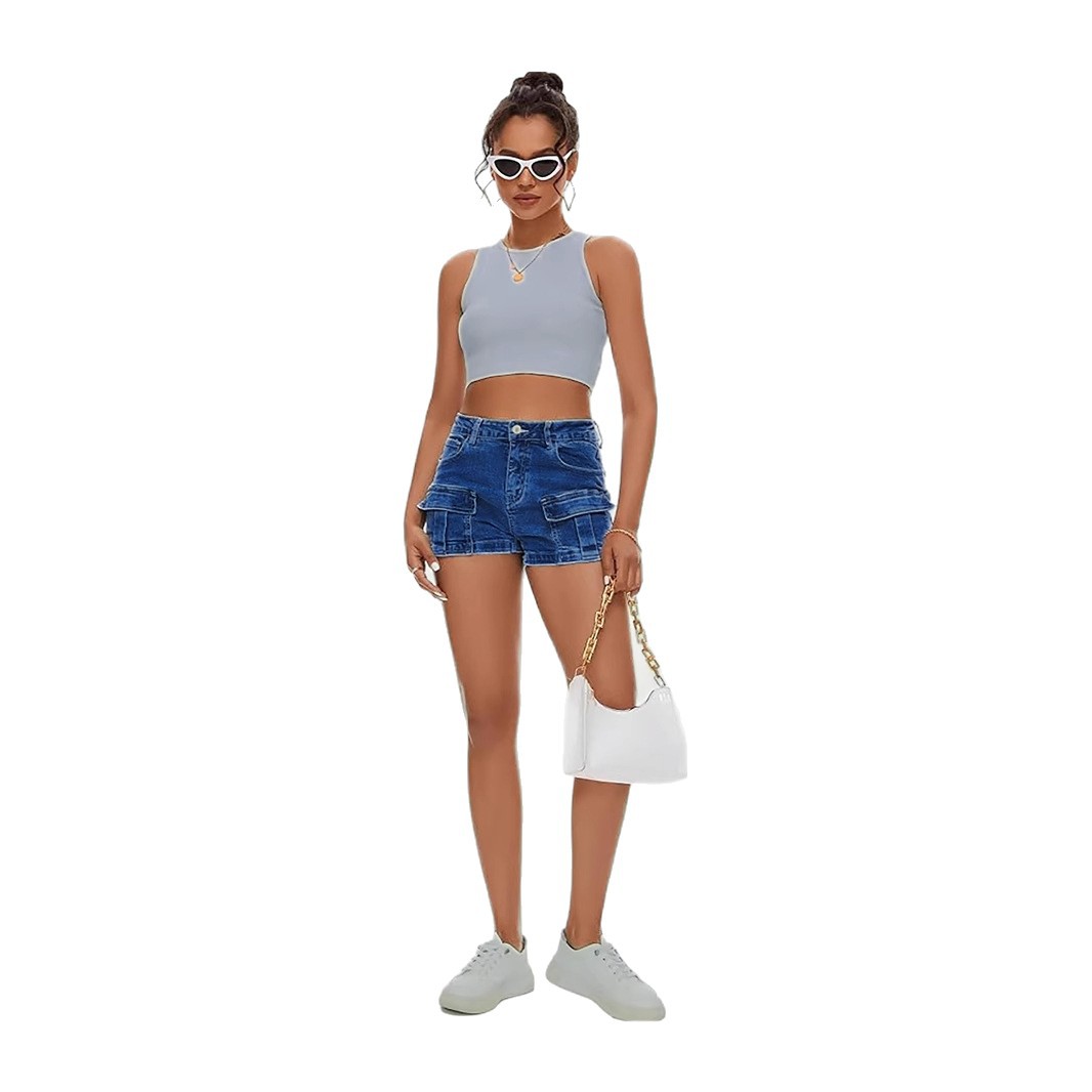Womens Solid-Color High-Waist Slim-Fit Denim Shorts