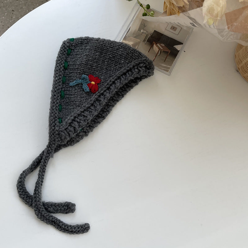 Cute Girl Handmade Wool Flower Lace Up Headscarf Warm-keeping Earmuffs