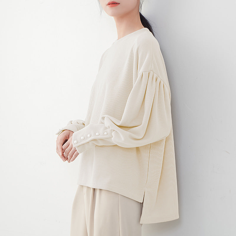 Women's Lantern Sleeve Sweater Pearl Buckle Solid Color