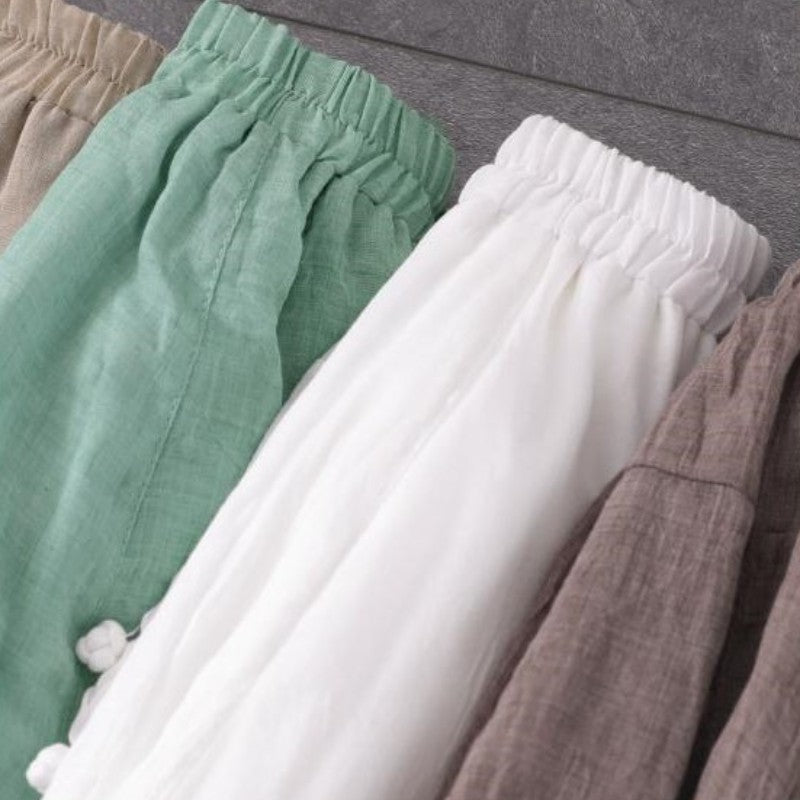 Retro Buckle Casual Thin Cotton And Linen Cropped Wide-leg Pants For Women