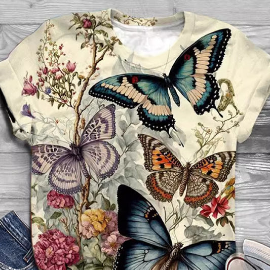 Women's T-shirt White Pink Blue Printed Short Sleeve
