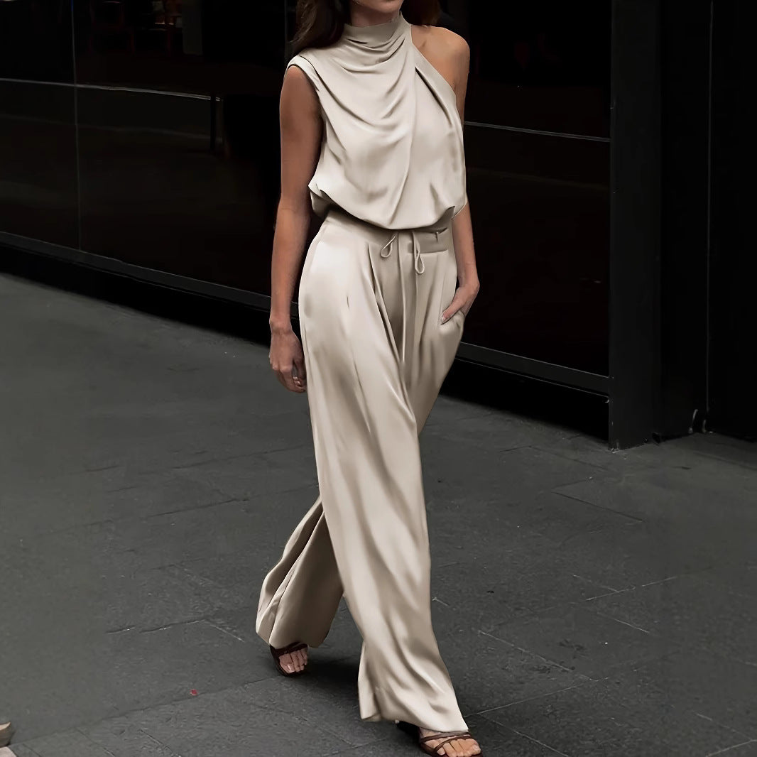 Womens Fashion Solid Color Turtleneck Sleeveless Top High-Waist Straight-Leg Wide-Leg Pants Set