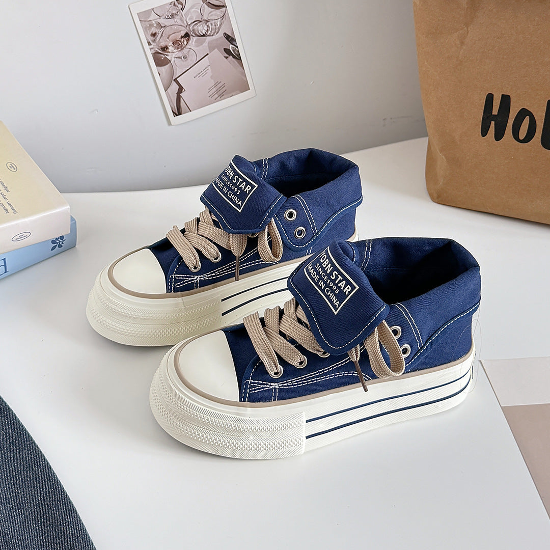 Womens Thick-Soled High-Top Canvas Shoes Black All-Match Sports Casual Sneakers With Height-Boosting Sole