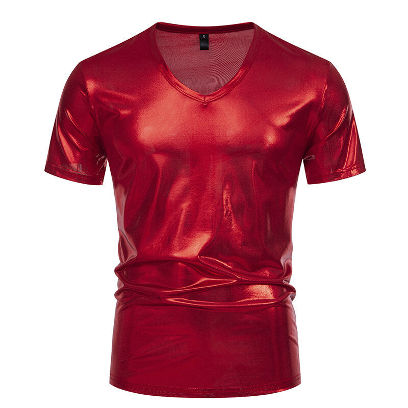 Summer Men's Glossy Bronzing T-shirt Male V-neck
