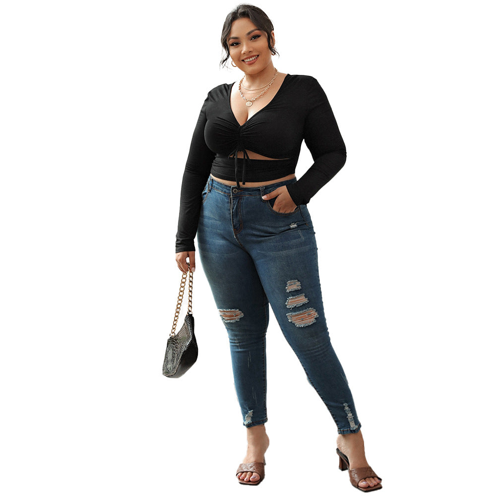 Dame Sexet V-hals High-end Sort Langærmet Slim-fit Kort Top