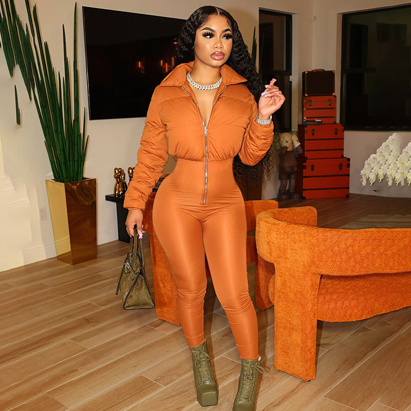 Fashion Stretch Pure Color Tight Zipper Thermal Cotton Suit One-piece Trousers
