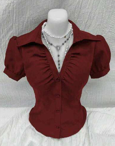 V-neck Pleated Sexy Women's Slim-fit Short-sleeved Shirt