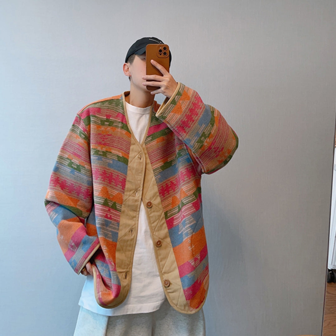 Retro Loose Ethnic Style Contrast Color Woolen V-neck Buttons Rainbow Jacket For Men