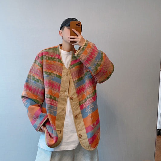 Retro Loose Ethnic Style Contrast Color Woolen V-neck Buttons Rainbow Jacket For Men