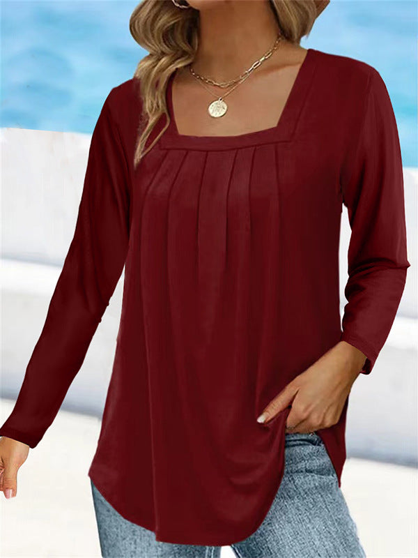 Women's Pleated Square Collar Long Sleeve Imitation Cotton Large Size T-shirt