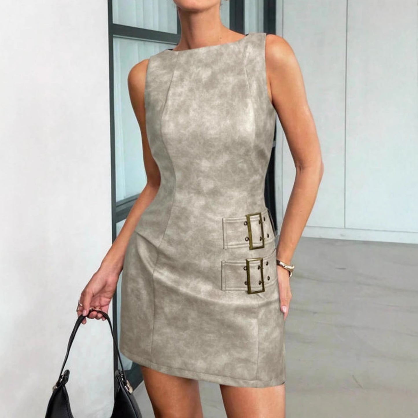 Crew-neck Vest Dress Leather Bodycon Dress