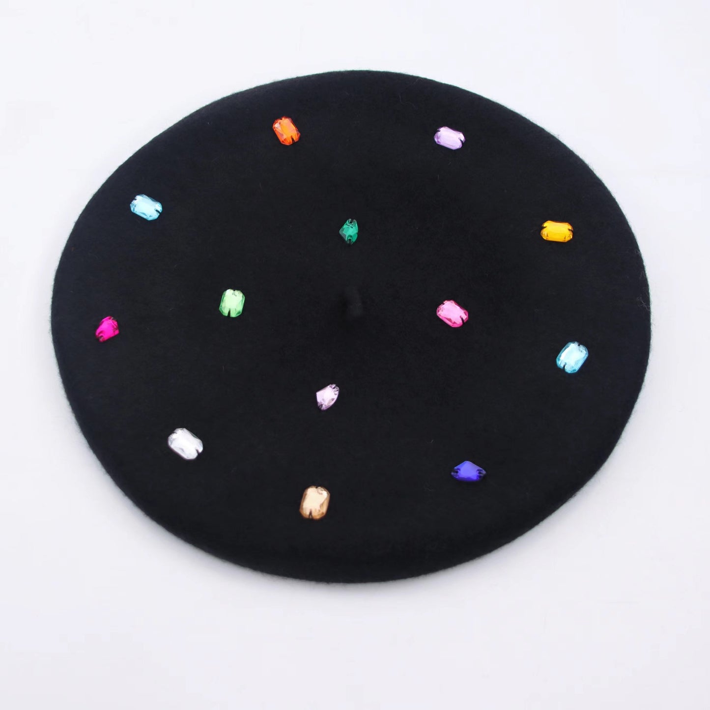 Retro Fashion Big Head Circumference Cloud Cap Color Rhinestone Wool Beret