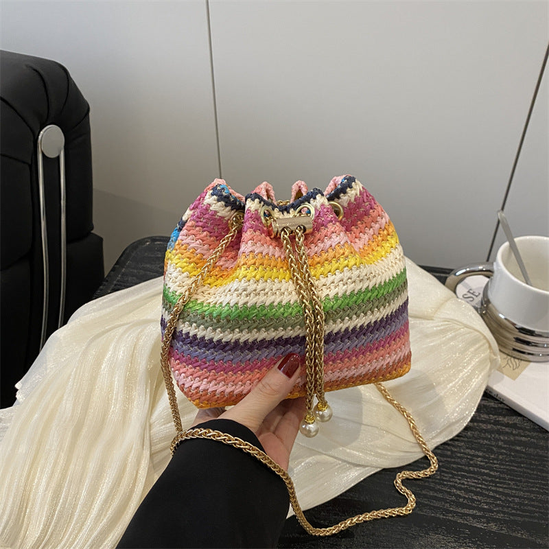 Beach Bag, Chain Bag, Women's Shoulder And Crossbody Bag, Diamond-embellished Bucket Bag