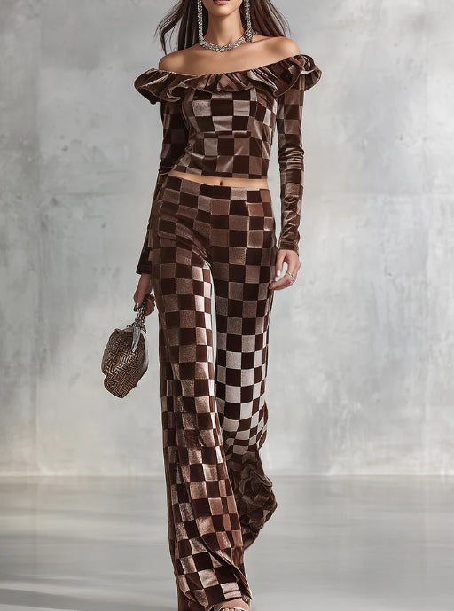 Sporty And Elegant Ruffle Off the shoulder Velvet T shirt And Pants Set