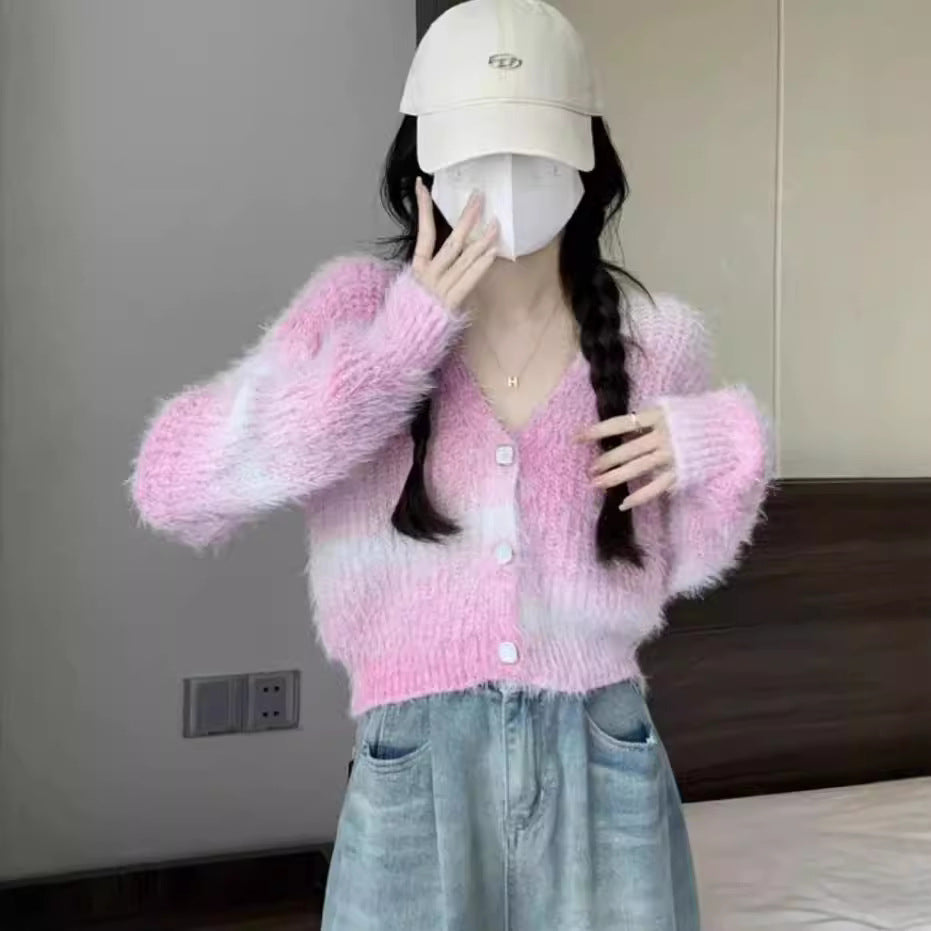 Gradient Color Autumn And Winter V-neck Mink Sweater Coat Female Small Short Outer Wear Wool Knit Cardigan