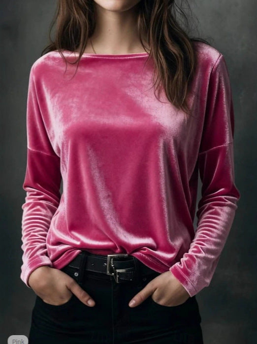 Dame Ensfarvet Løstsiddende Rundhalset Pullover Fløjl T-shirt