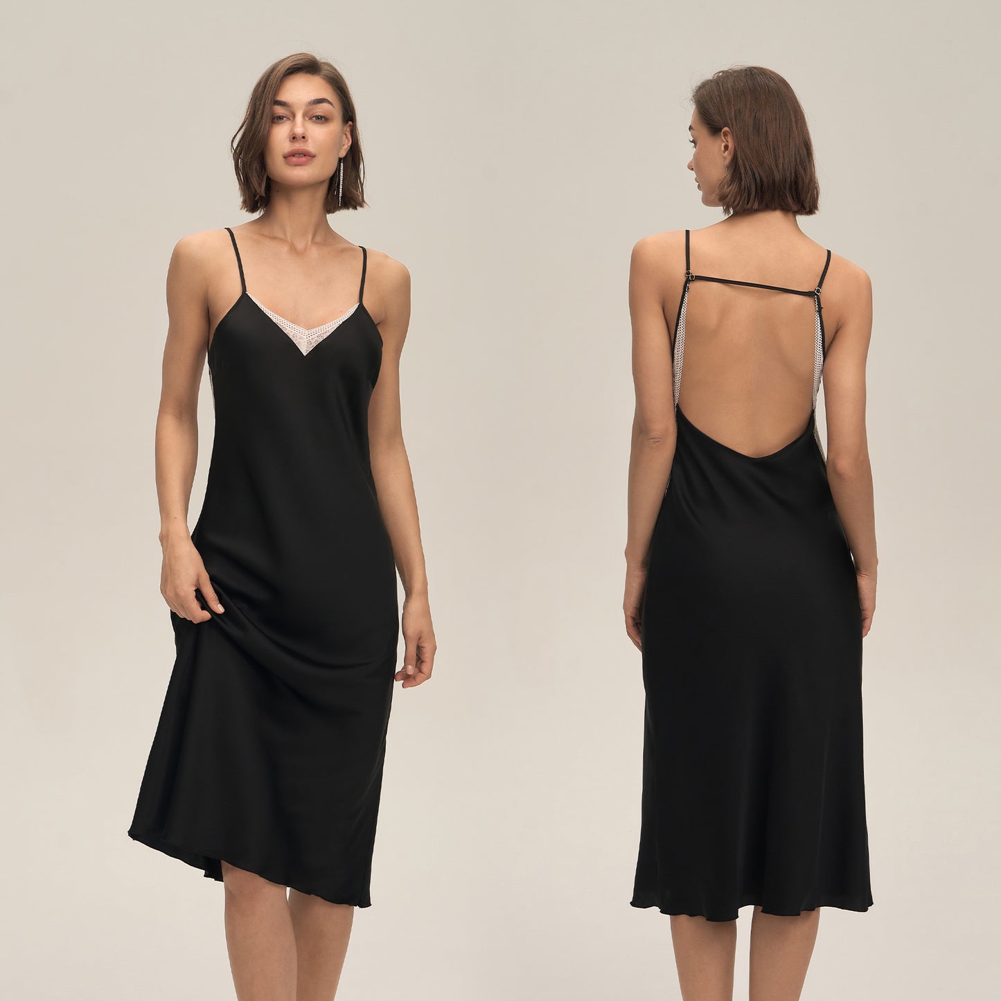 New Satin Chiffon Mid Length Lace Slip Nightgown With A Backless Design