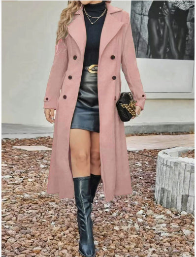Elegant Solid Longline Coat Double Breasted Notched