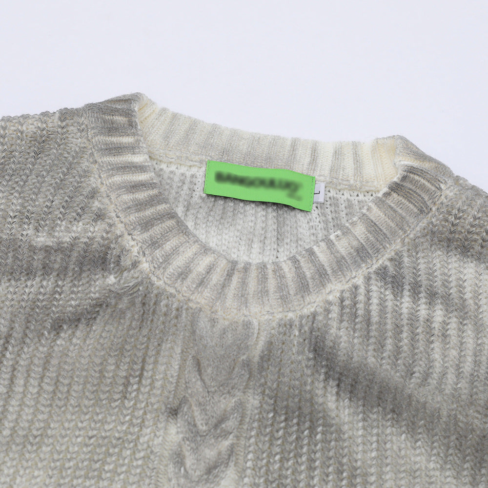 Distressed Dirty Round Neck Men's Spring And Autumn Sunken Stripe Twist Crocheted Ripped Pullover Sweater