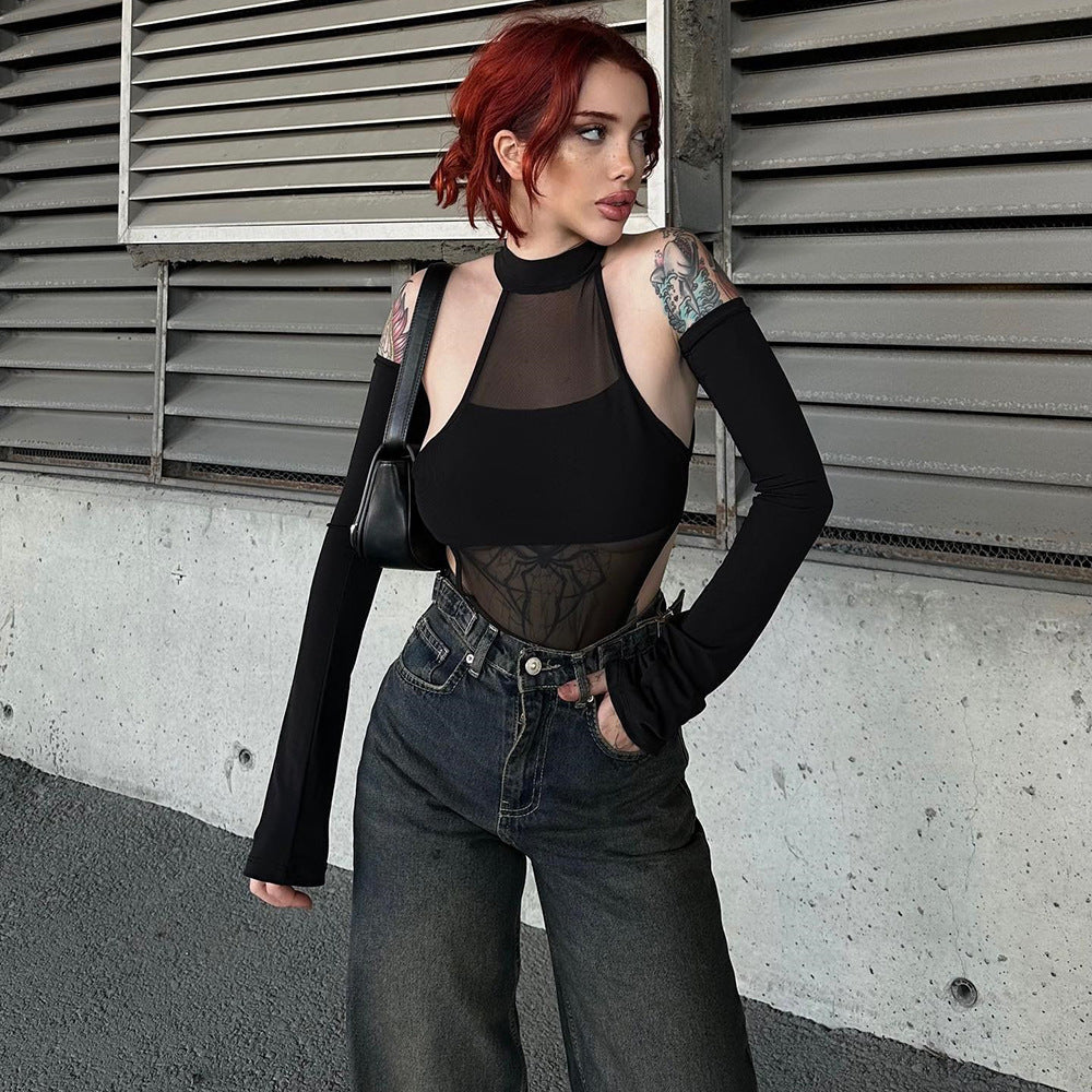Long Sleeve Crotch Mesh Hollow High Elastic One-piece Women's Top