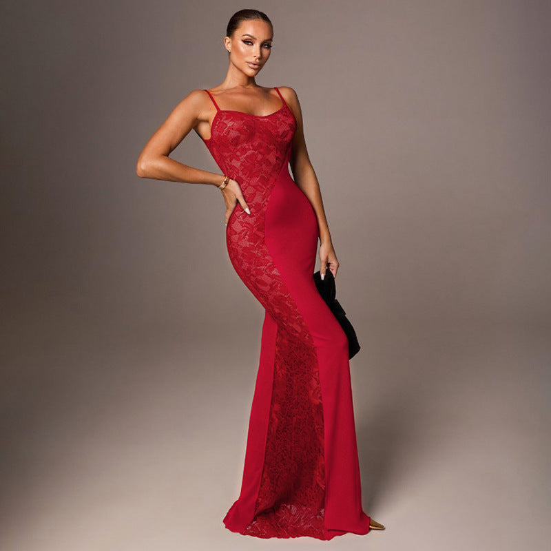 Solid-color Sleeveless Sexy Lace-spliced Slip Bodycon Maxi Dress