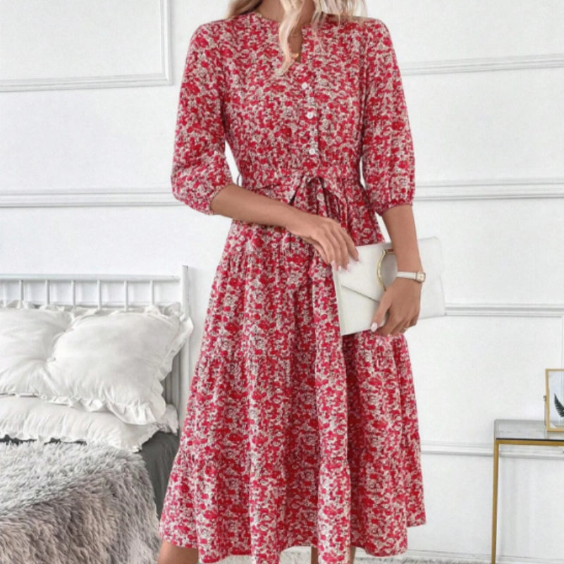 Women's Retro Mini Floral Pattern Print Long Sleeve Maxi Dress