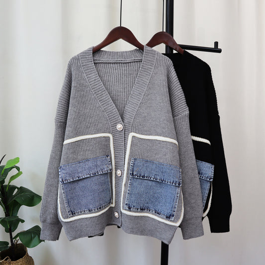 Denim Pocket Knitted Cardigan Loose Design Temperament Versatile Sweater Coat