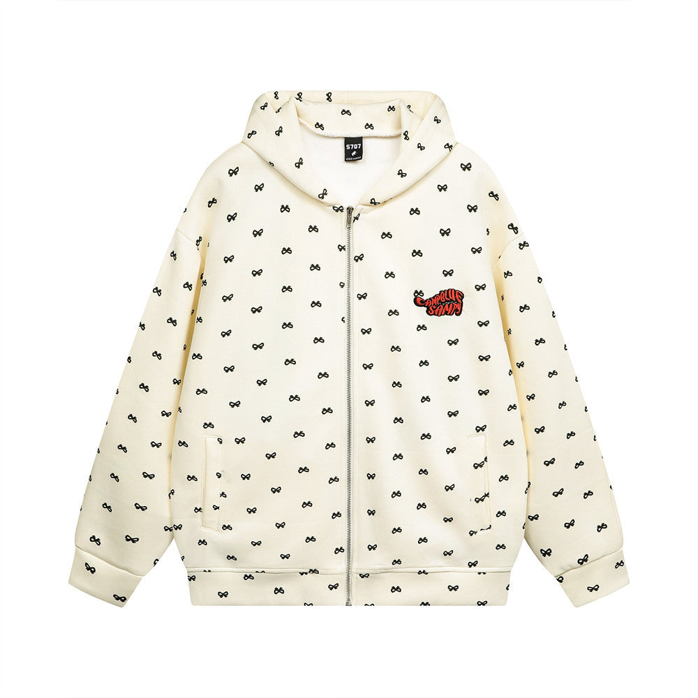 Full Printed Bow Zipper Sweater Design Sense High Street Trendy Men And Women