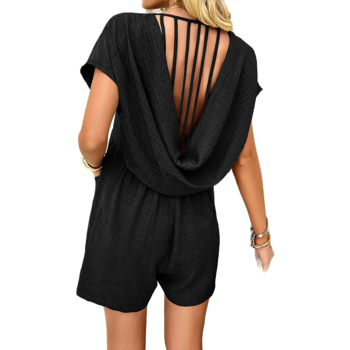 Casual Solid Color Sexy Hollow-Out Short-Sleeve Jumpsuit