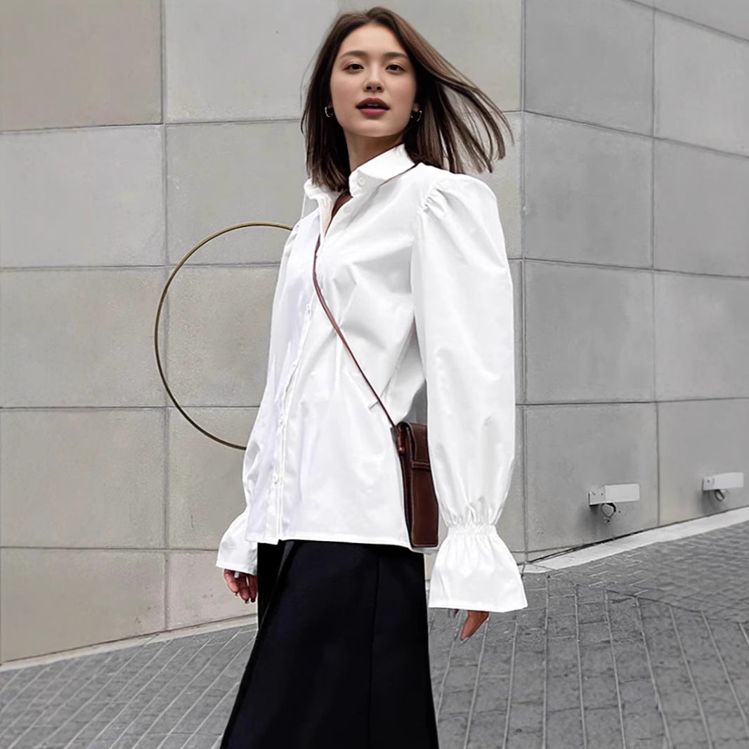 White Loose Puff Sleeves Shirt Women's Top