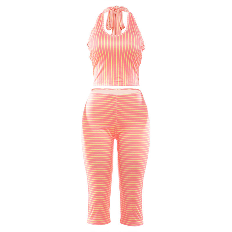 Womens Fashion Striped Printed Sleeveless Halter Top And Shorts Set