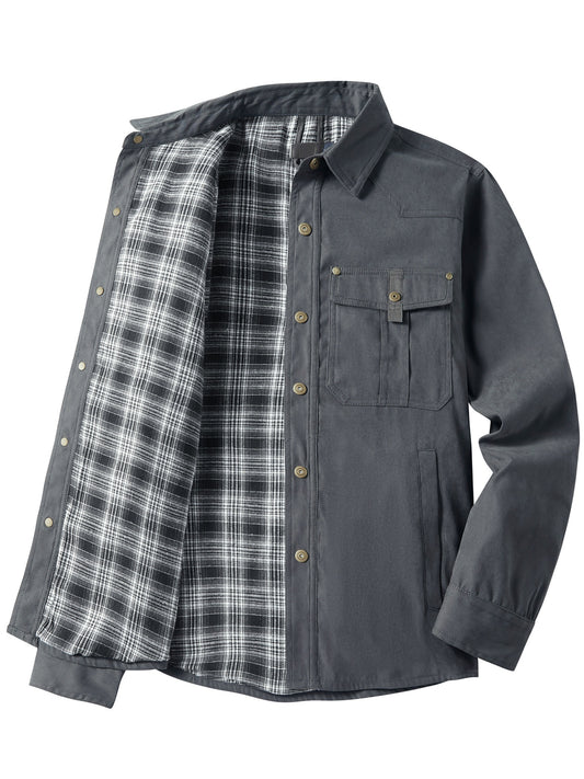 Mens Plus-Size Lapel Plaid Flannel Casual Jacket