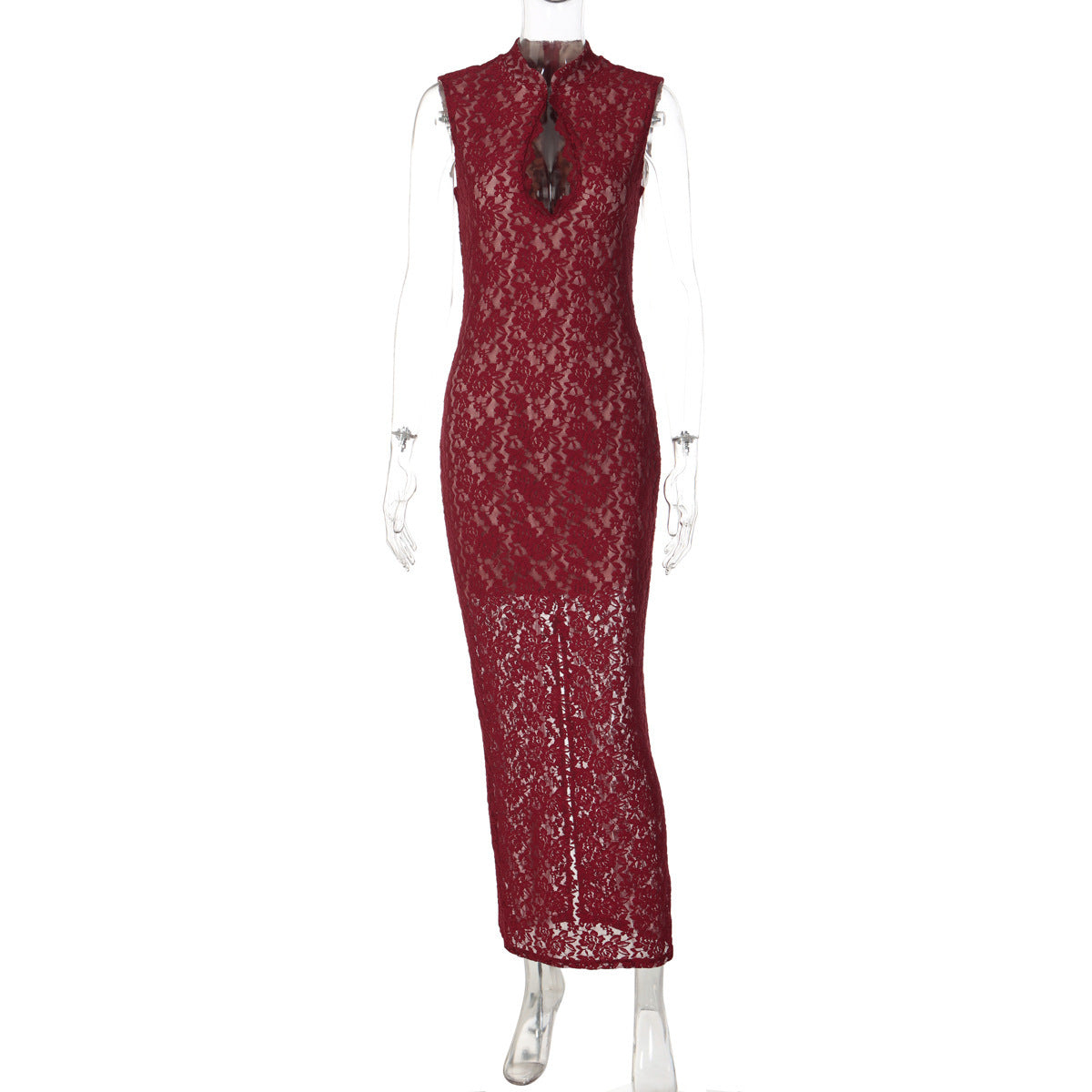 Sexy Figure-hugging Lace Sleeveless Dress With A Slit And Cutout Details